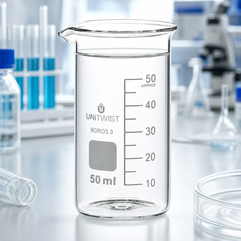 50 ml:n dekantterilasi, korkea muotti UNiTWIST UNiTWIST Tyhjä 50 ml:n korkea lasikuppi, borosilikaattia 3.3, UNITWIST, valkoisella laboratoriopinnalla