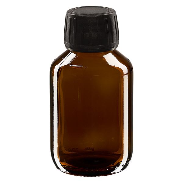 100ml lääkepullo ruskea, musta korkki, jossa peukaloinnin estävä rengas ApoGlas 100ml lääkepullo ruskea, musta korkki, jossa peukaloinnin estävä rengas ApoGlas