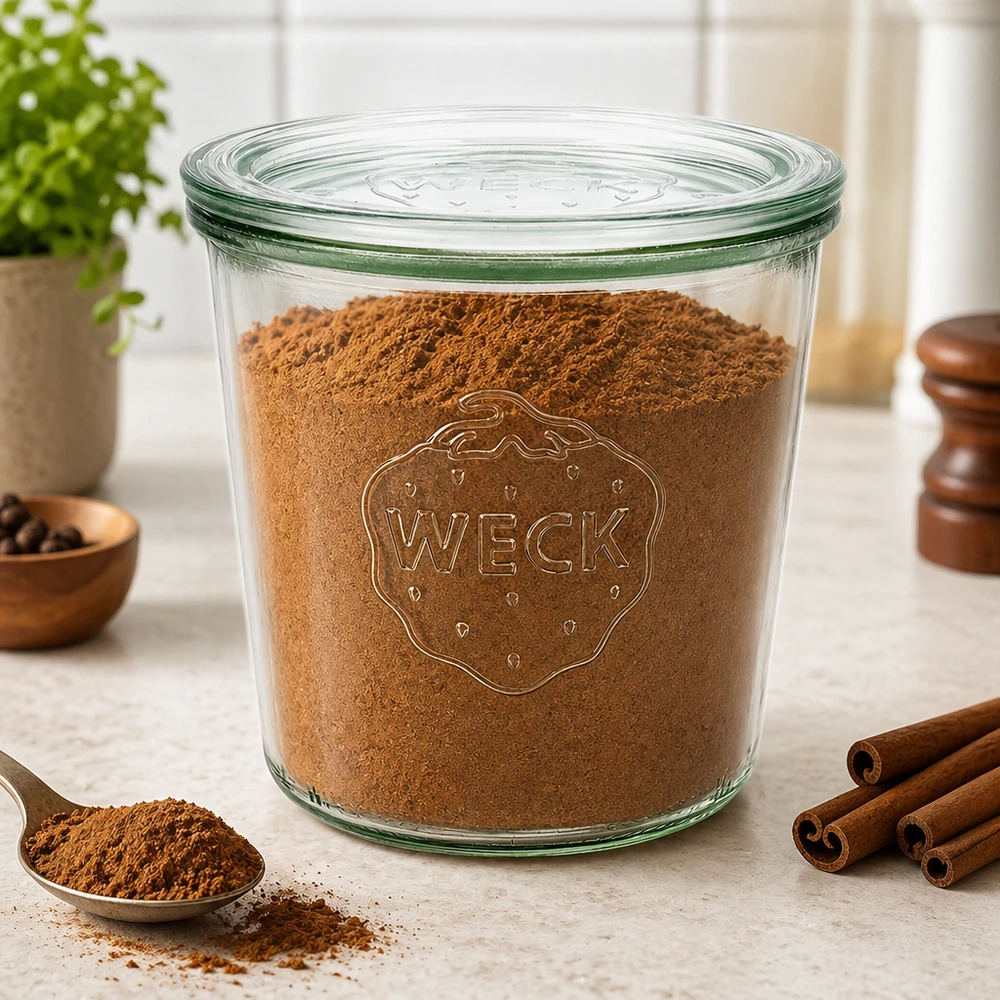WECK 580ml RR100 lasipurkki täynnä kaakaojauhetta ja kanelia työtasolla mausteiden säilytykseen
