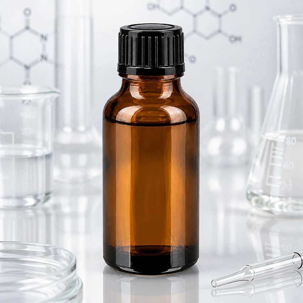 20 ml:n ruskealasi-pullo, jossa on musta kierrekorkki, laboratoriokolvin ja Erlenmeyer-kolvin välissä