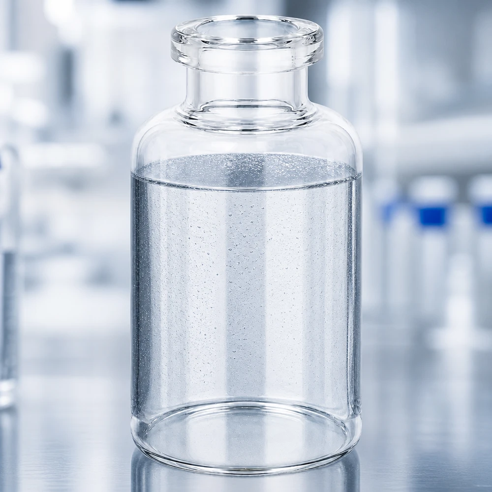 Injektiopullo kirkasta lasia 30ml Transparente 30ml Pharmaglasflasche mit wässrigem Inhalt und sichtbaren Mikroblasen Laborumgebung