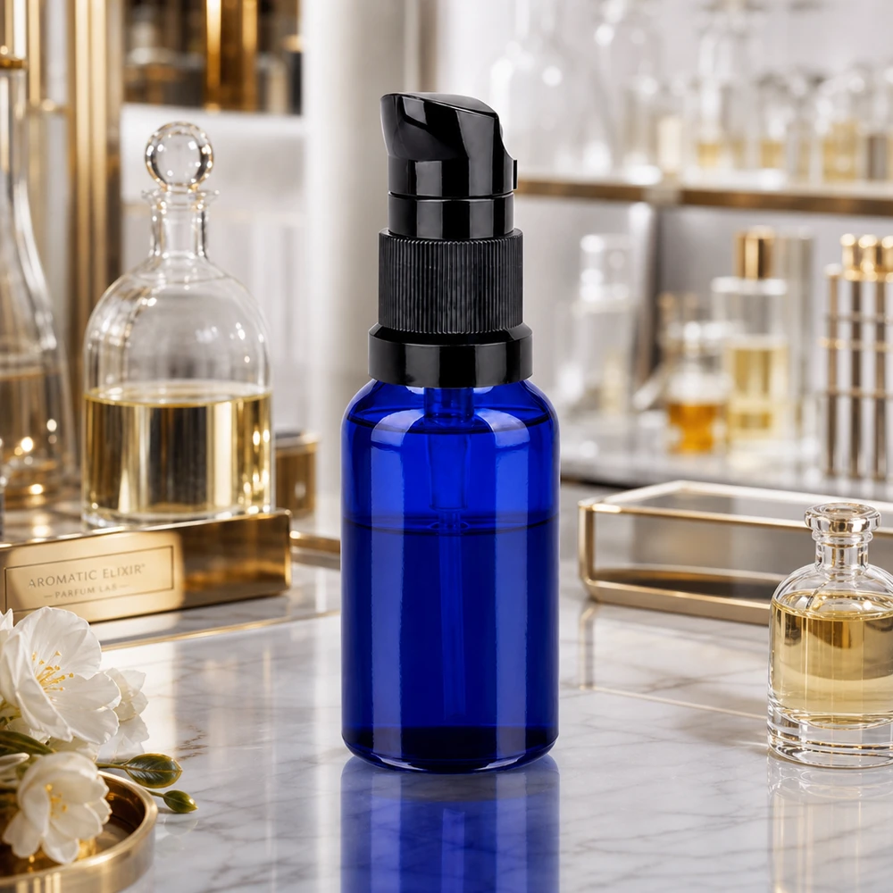 20ml pumppupullo musta vakiokorkki BlueLine UT18/20 20ml pumppupullo musta STD BlueLine UT18/20 - tyylikäs muotoilu ammattimaiseen kosmetiikan esittelyyn.