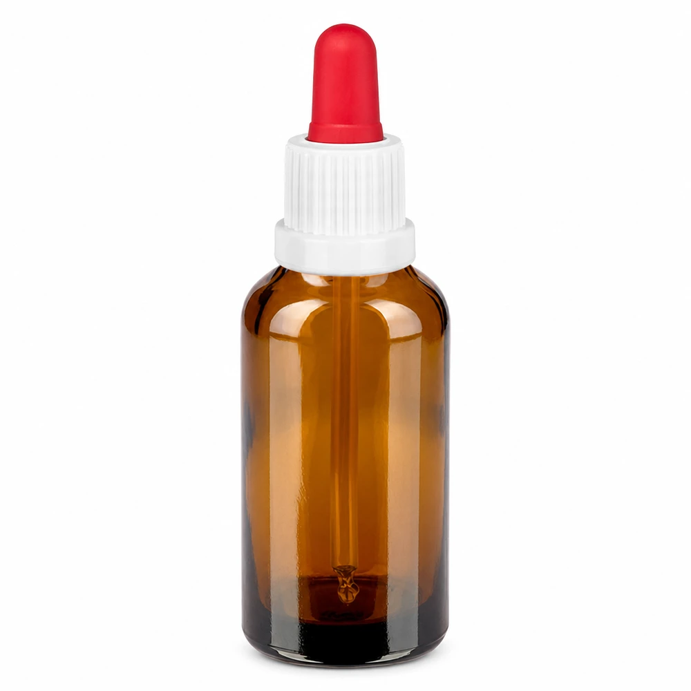 30ml pipettipullo valkoinen/punainen väärentämisen estävä suljin BrownLine UT18/30 30 ml meripihkanvärinen lasipipettipullo, jossa on valkoinen korkki ja punainen pipetti tarkkaa annostelua varten.