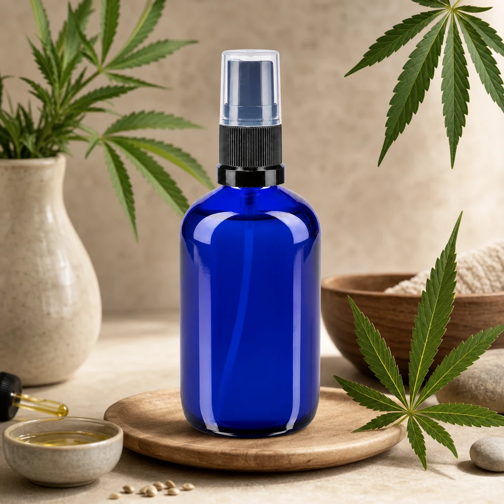Apteekkipullo sininen 100ml ruiskukorkki musta 100 ml:n apteekkilasinen suihkepullo, koboltinsininen, hamppukasveja ja luonnollisia CBD-hyvinvointielementtejä