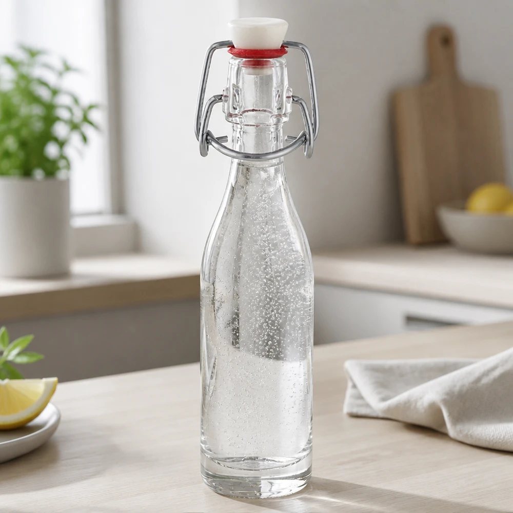 50 ml:n lasipullo, jossa on kääntyvä korkki ja joka on täytetty vedellä modernissa keittiössä - käytännöllinen jokapäiväiseen käyttöön.
