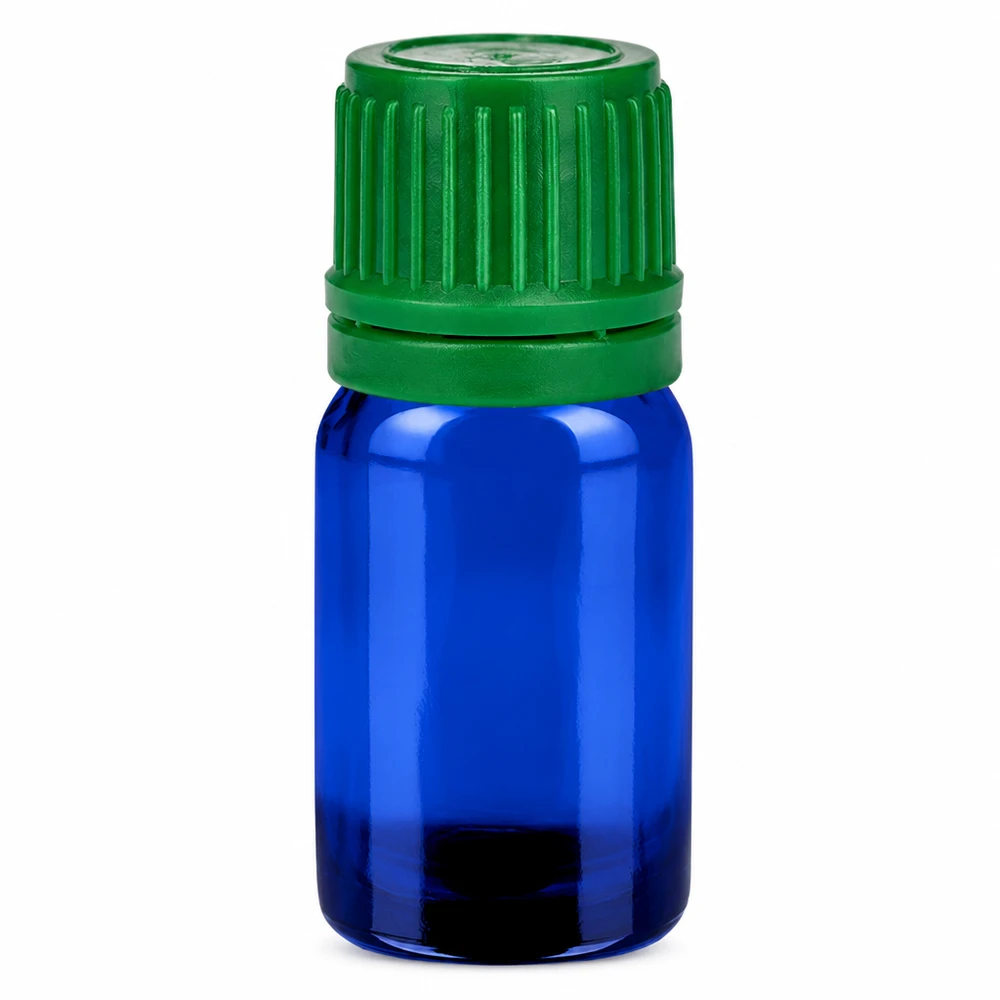 5ml lasipullo sininen vihreällä kierrekorkilla eteerisille öljyille ja kosmetiikalle.