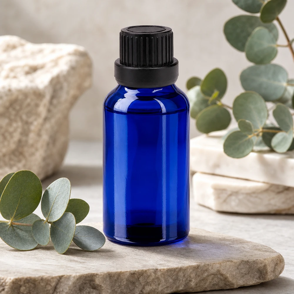 Laadukas 20ml BlueLine-lasipullo, jossa on UV-suoja ja käytännöllinen tippakorkki.