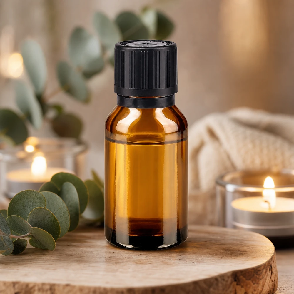Apteekkipullo ruskea 15ml tiputuskorkki Kaatumisrengas 1mm musta Lapsilukko Sokkovaroitussymboli Tamper evident sulkeminen. 15 ml:n meripihkavärinen lasipullo, jossa on lapsiturvallinen korkki, puisen aluslaatan päällä, eukalyptuksen tuoksulla