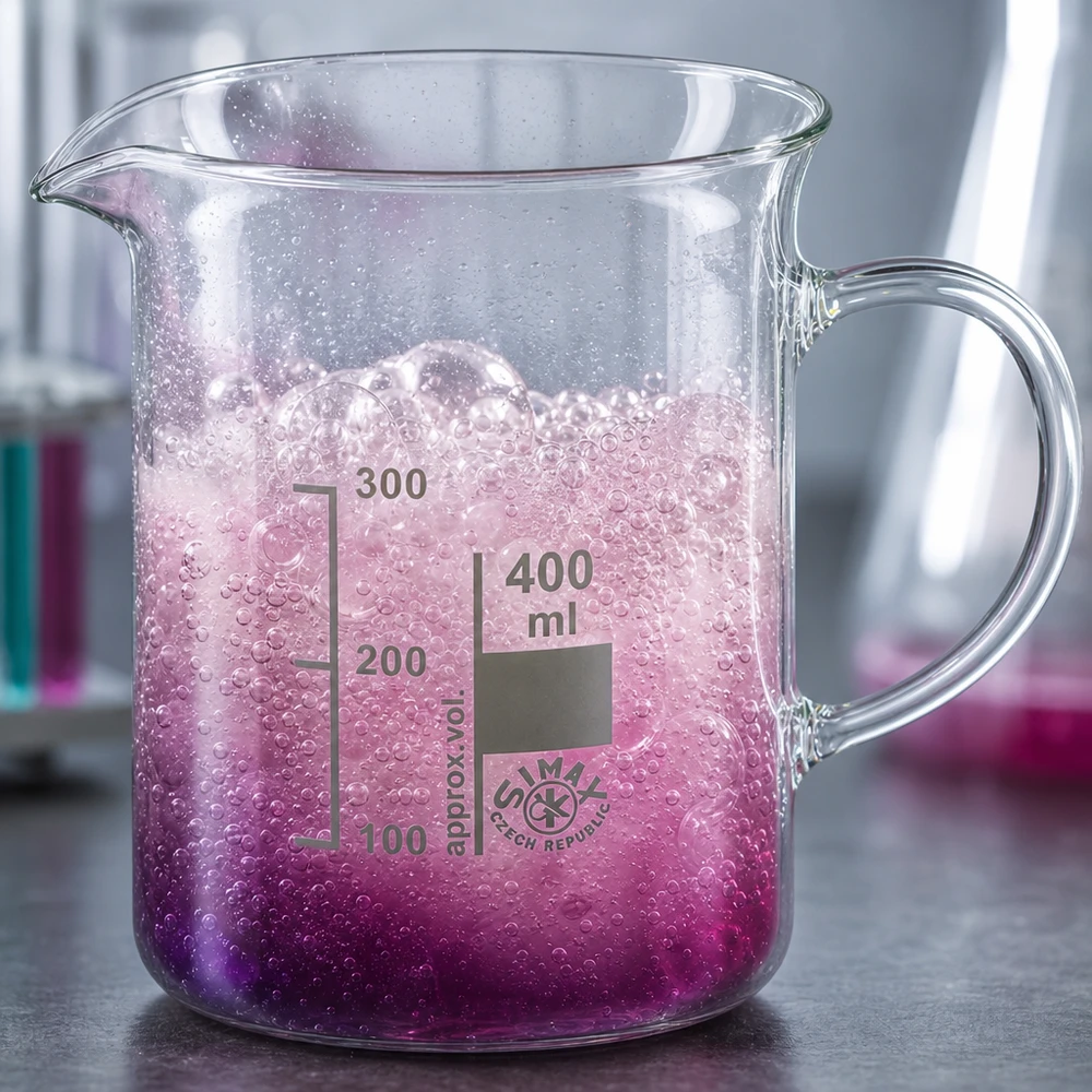 400 ml:n koeputki, jossa on kahva; vaahtoava vaaleanpunainen reaktio; kuplivaa vaahtoa; borosilikaattilasi; laboratorio