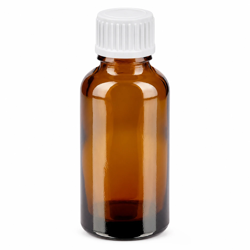 30ml tippapullo 0.9mm valkoinen vakiokorkki BrownLine UT18/30 30ml meripihkanvärinen lasipullo, jossa valkoinen 0.9mm tippakorkki tarkkaa annostelua varten.