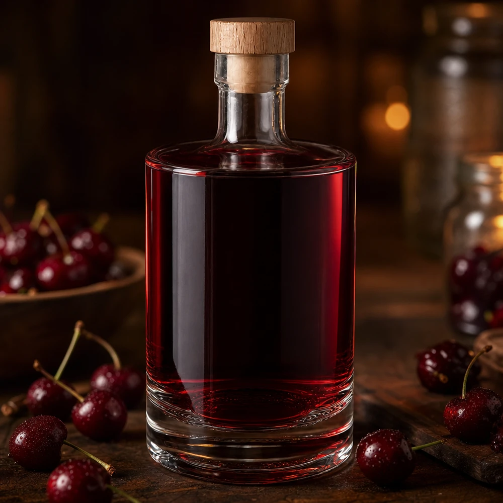 500ml Glasflasche "Marie" mit Holzgriff-Korken UNiTWIST 500ml lasipullo Marie täynnä punaista kirsikkalikööriä - puinen korkkikorkki - Lifestyle-tuotekuva kirsikoilla