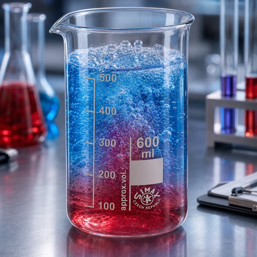 600 ml borosilikaattilasi, korkea muotoinen juomalasi Reagoiva 600 ml:n koeputki, jossa on sinipunainen kaksivaiheinen neste ja nousevia kuplia laboratoriossa