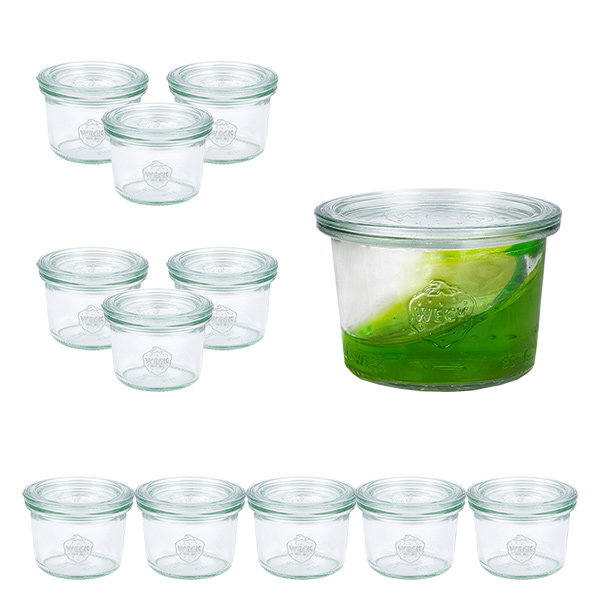 Setti 12 Weck-purkkia 80ml tumblereihin, joissa on 12 lasikantta. Setti 12 Weck-purkkia 80ml tumblereihin, joissa on 12 lasikantta.