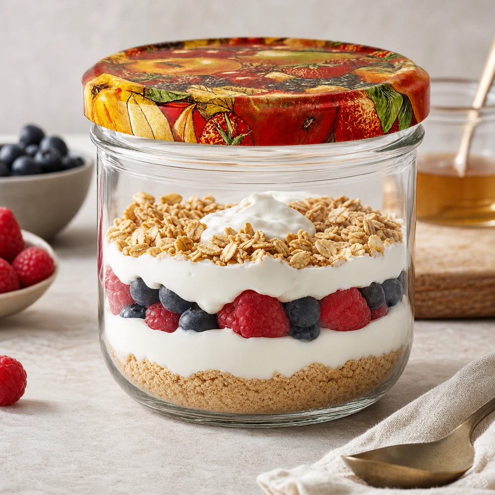 260ml juomalasit + BasicSeal-kansi hedelmäpakkaus UNiTWIST. 260ml tumblers hedelmä sisustus jälkiruoka lasi jogurtti marjoja ja granola kerrostettu jälkiruoka keittiön työtasolla