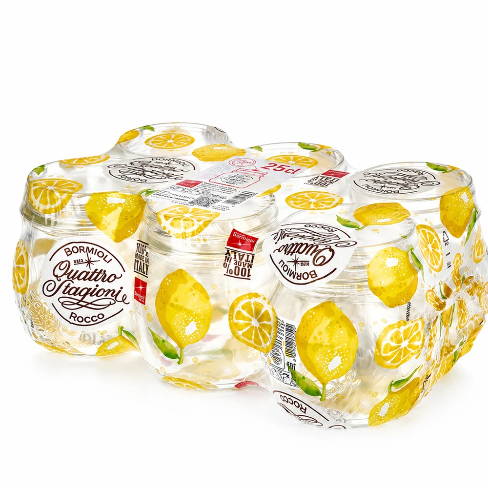 250ml pyöreä purkki "Quattro Stagioni" QS70mm. Bormioli Rocco Quattro Stagioni 250ml säilöntätölkit, joissa on sitruunakuvio ja ruuvikansi, 6 kpl:n sarja.