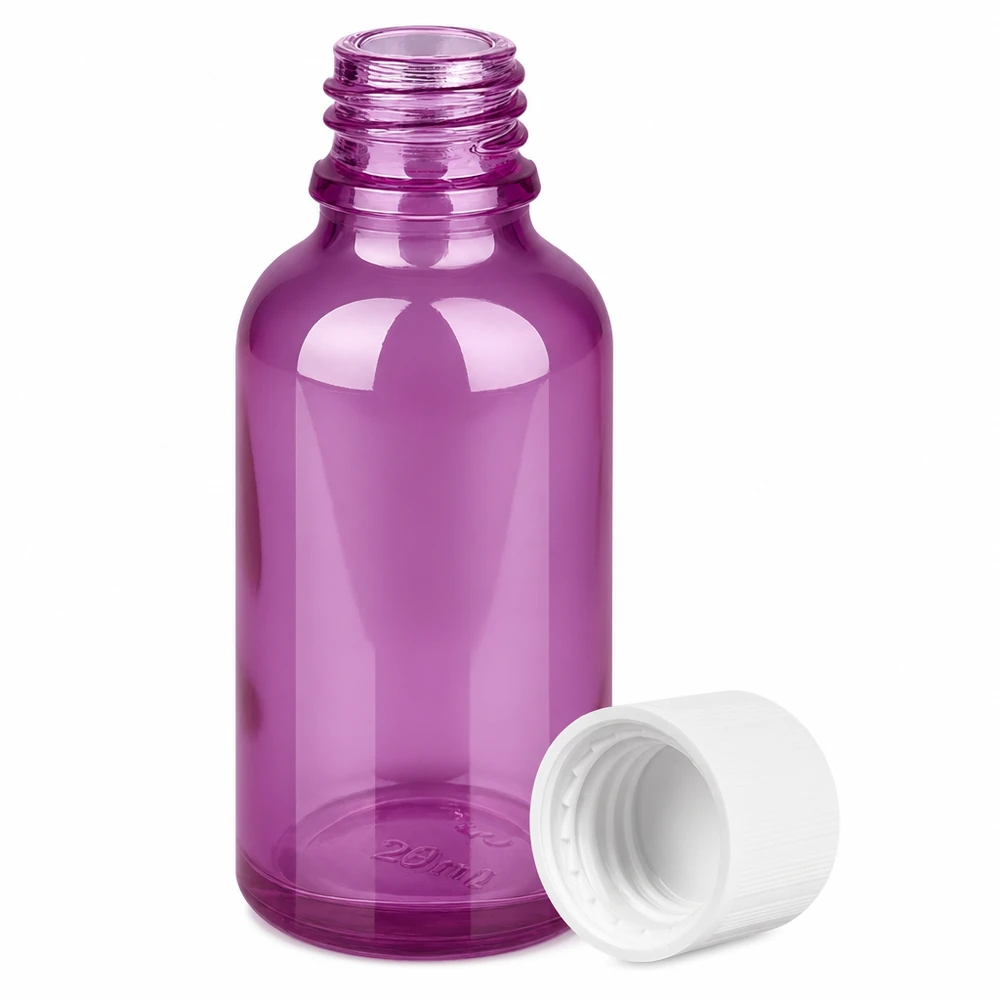 Violetti 30ml lasinen tippapullo valkoisella korkilla eteerisille öljyille ja seerumeille.