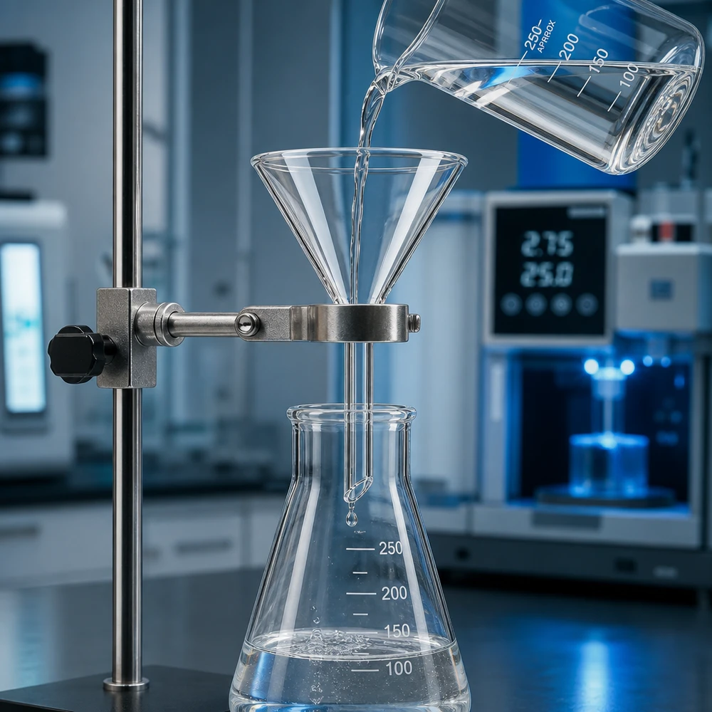 Tieteellinen lasisuppilo 55mm läpinäkyvä kemiallisiin laboratorioanalyyseihin ja suodatukseen.