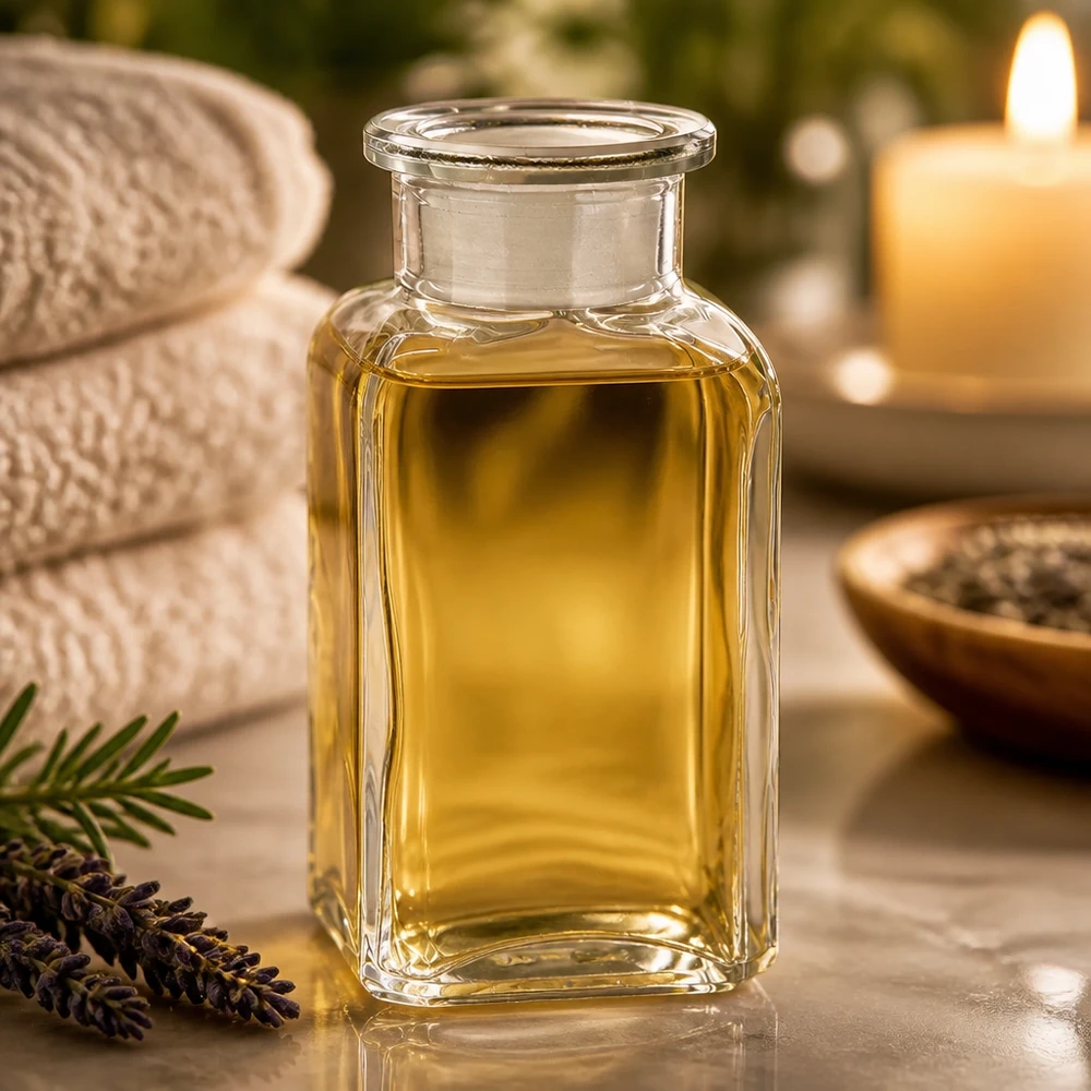 Nelikulmainen pullo 100ml kirkas leveäkaulainen lasitulppa 100 ml:n neliönmuotoinen, kirkas lasipullo, jossa on leveä kaula ja tulppa, laventelin ja kynttilän vieressä