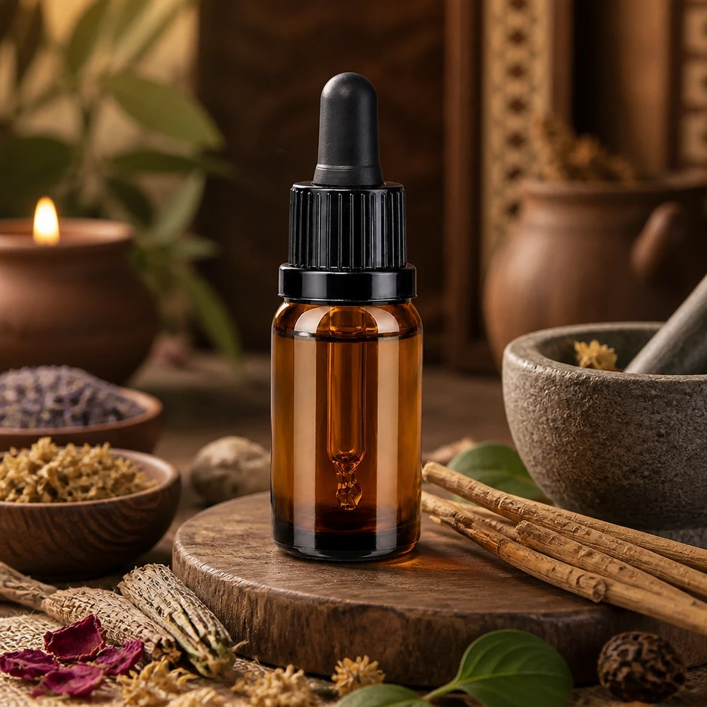 Kompakti 10ml pipettipullo meripihkalasista aromaterapiasovelluksiin ja luonnonkosmetiikkaan.