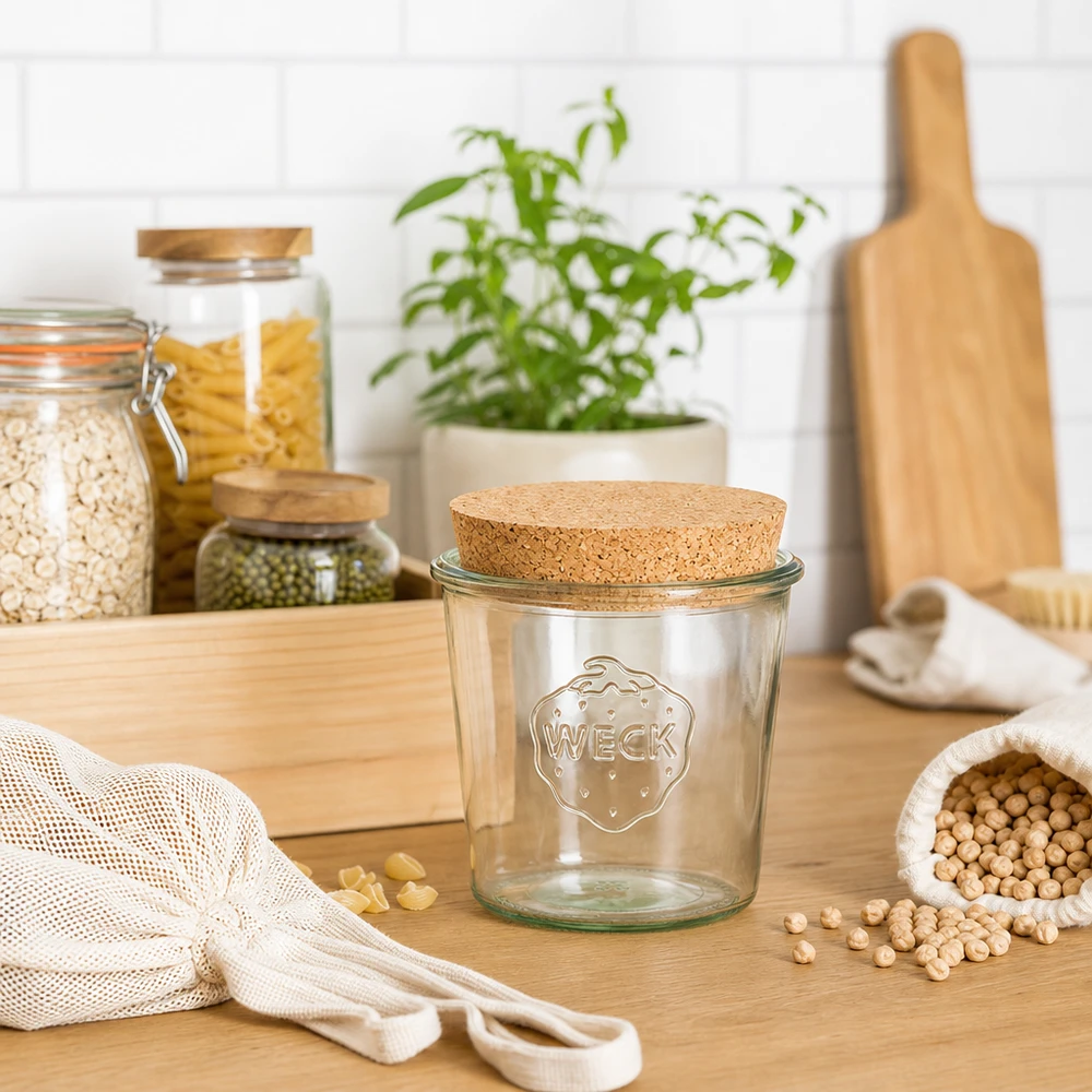 580ml tulppaanipullot WECK RR100 korkilla luonnollinen WECK säilytyspurkki 580ml RR100 korkkikannella kestävässä nollajätekeittiössä, jossa on kangaspusseja ja palkokasveja.