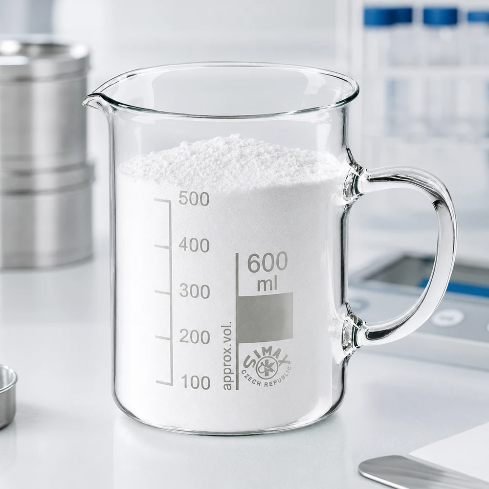600 ml:n koeputki, jossa on kahva ja joka on täytetty valkoisella jauheella valkoisella laboratoriopinnalla