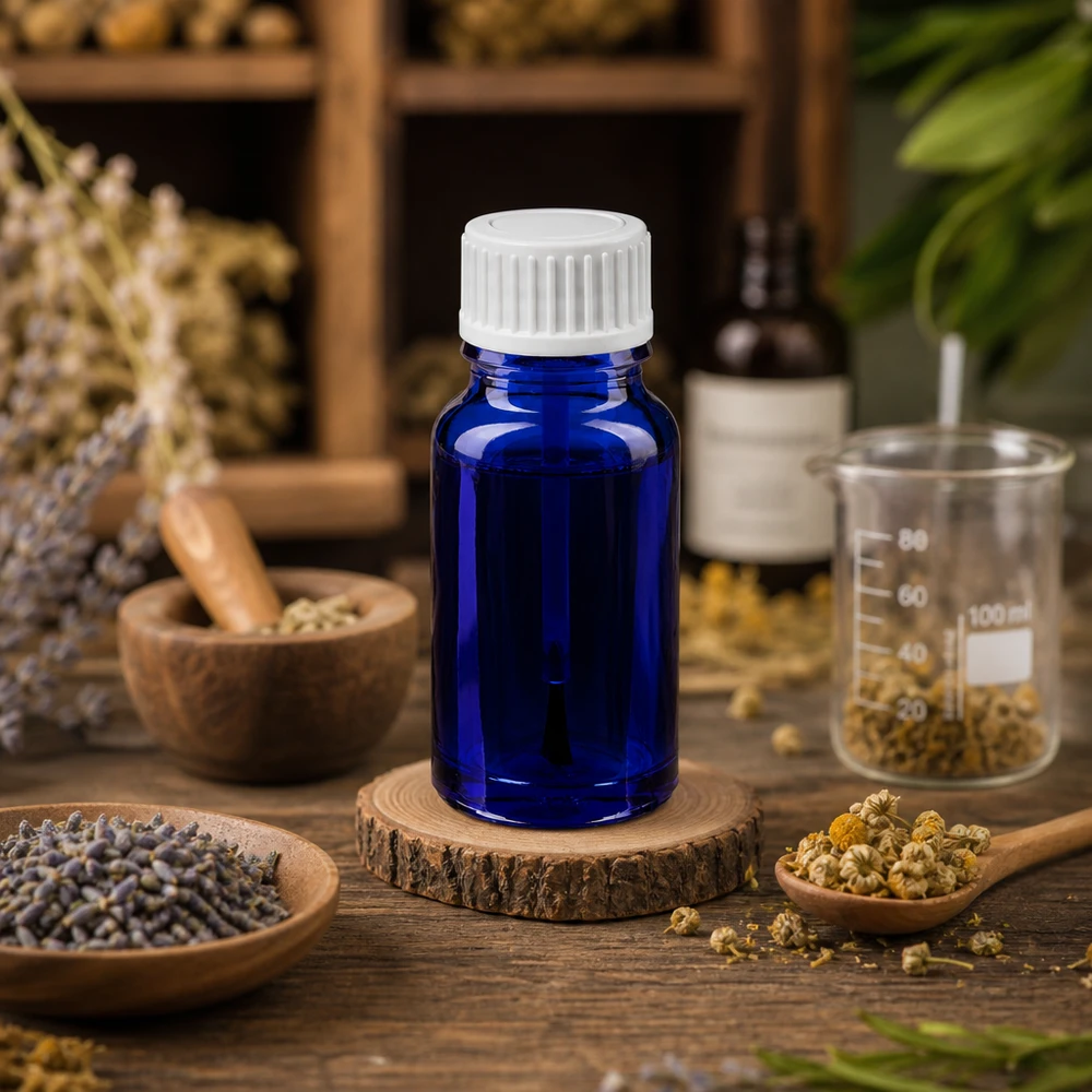 Laadukas 10ml sininen lasinen sivellinpullo luonnonlääkkeisiin ja aromaterapiaan.