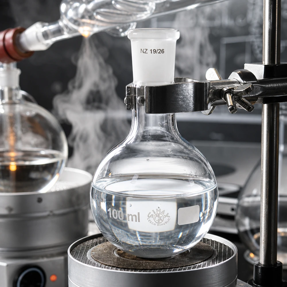 100ml lantiopullo, jossa on vakiohiottu liitos (19/26). Seisova pullo 100ml tislauslaitteessa - kuumankestävää laboratoriolasia, jossa on 19/26 standardin mukainen hiottu liitos.