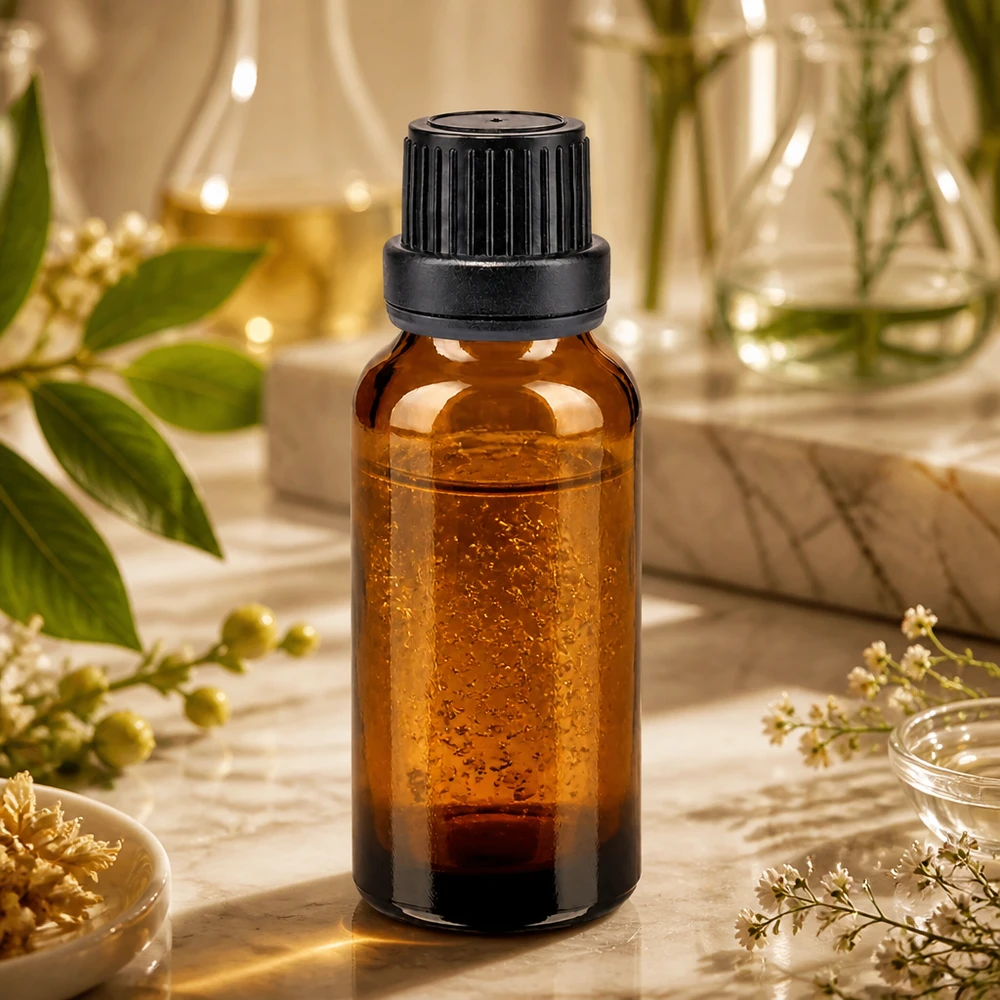 Apteekkipullo ruskea 20ml ruuvikorkki musta väärentämisen estävä sulkeminen. Meripihkavärinen 20 ml:n apteekkipullo, jossa on musta kierrekorkki, marmoripohjalla lääkekasvien keskellä