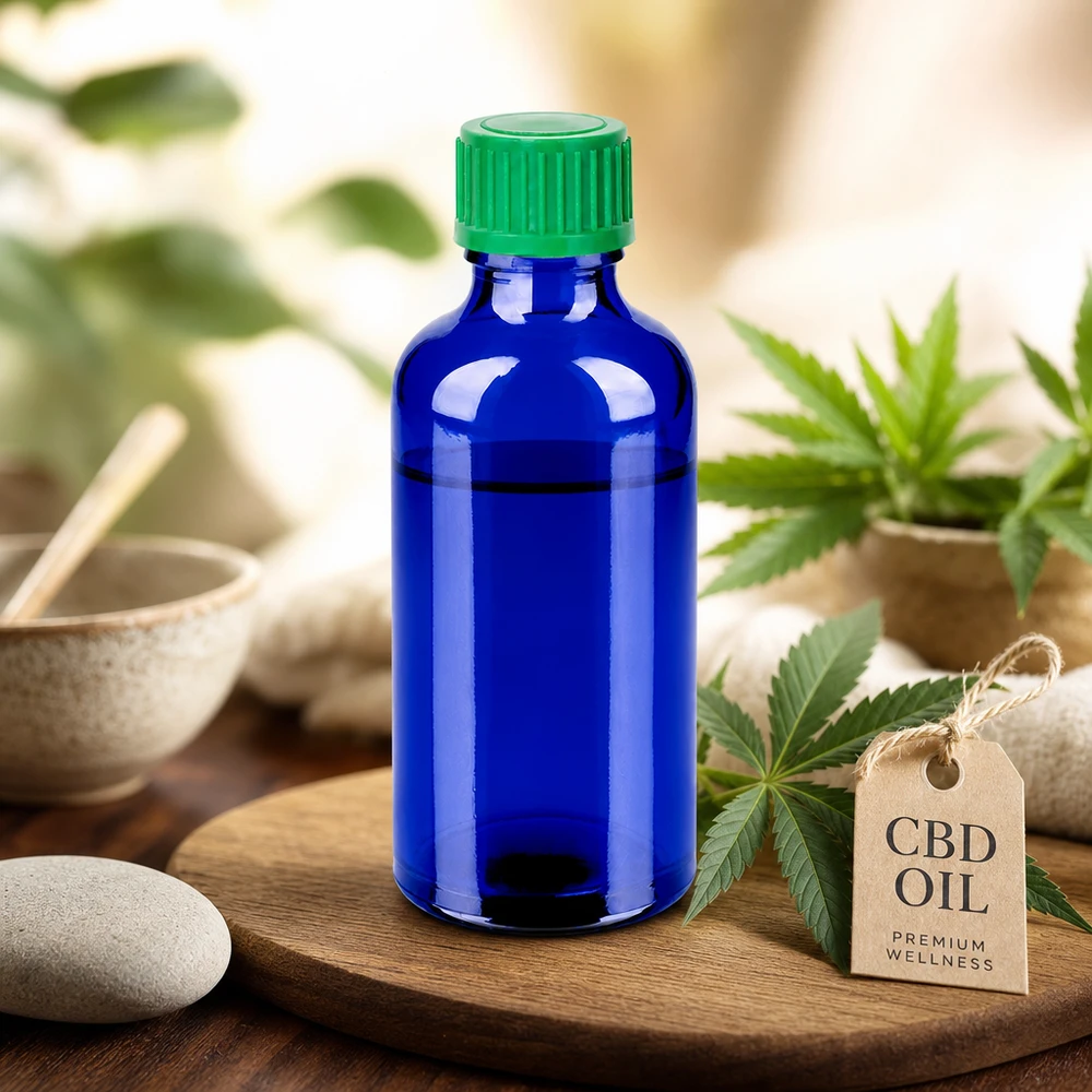 Pienikokoinen 50 ml:n tippapullo tyylikkään sinisessä värissä CBD-öljyn ja -uutteiden liikkuvaan käyttöön.