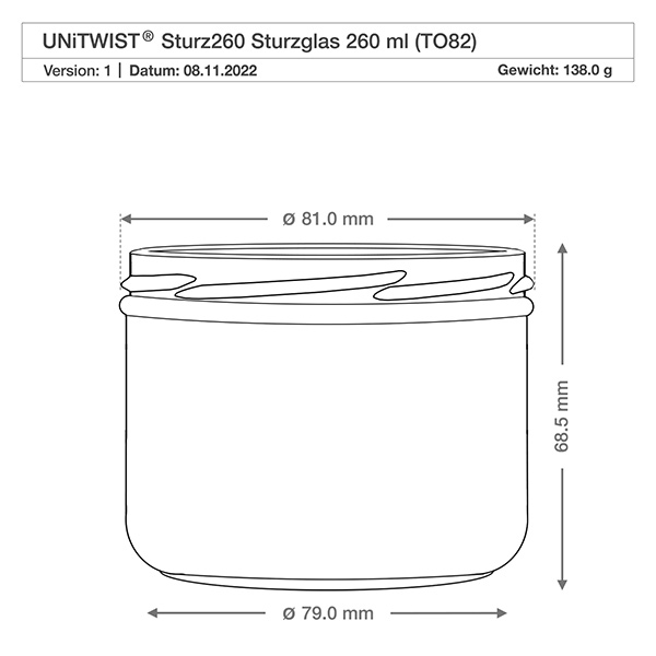260ml tumppupurkit ilman kantta (TO82) UNiTWIST UNITWIST-maljat 260ml TO82, jossa on tekninen piirustus ja mitat 81mm halkaisija 68.5mm korkeus.