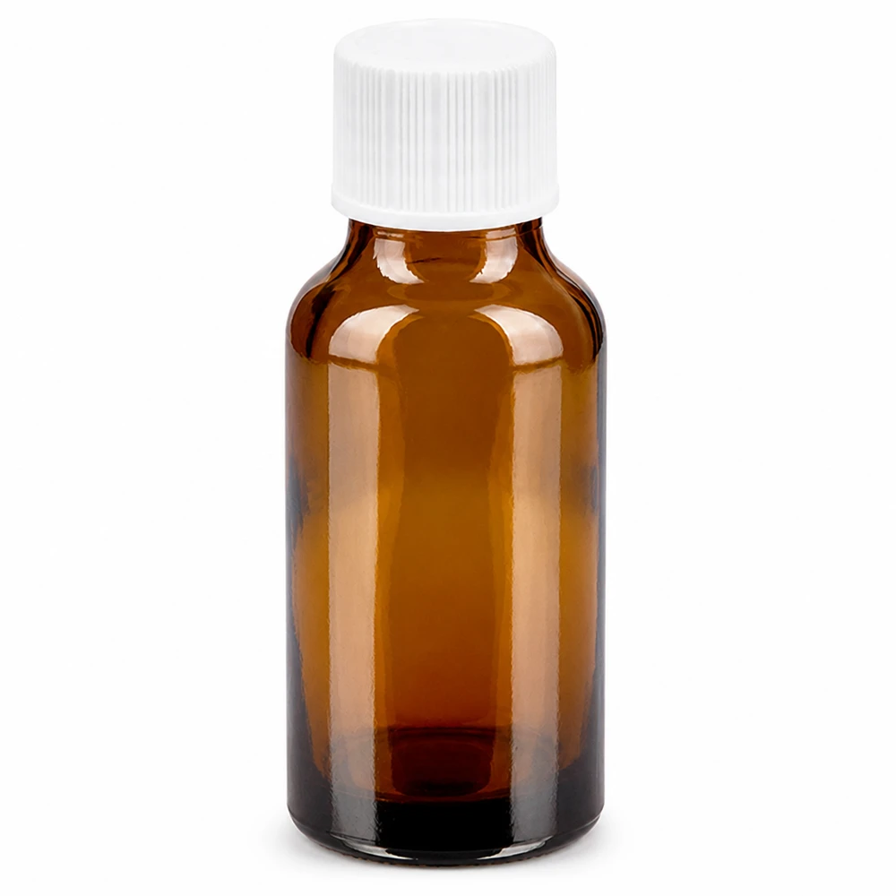 20ml pullo 11mm kierrekorkki valkoinen Standard BrownLine UT18/20 Standard BrownLine UT18/20 20ml meripihkanvärinen lasipullo valkoisella kierrekorkilla lääkkeille ja kosmetiikalle.