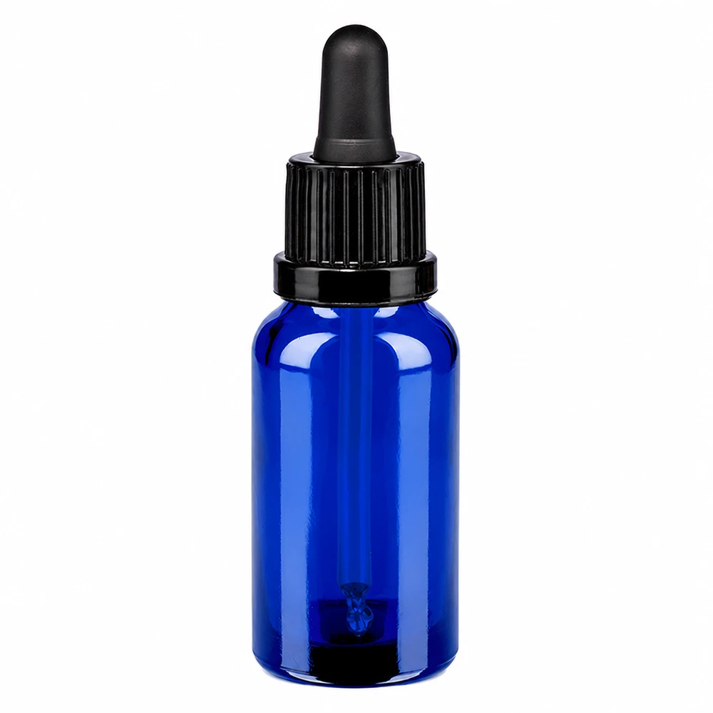 20ml pipettipullo musta tamper-evident-korkki BlueLine UT18/20 Sinisestä lasista valmistettu 20 ml:n pipettipullo, jossa on musta pipetti ja kierrekorkki tarkkaa annostelua varten.