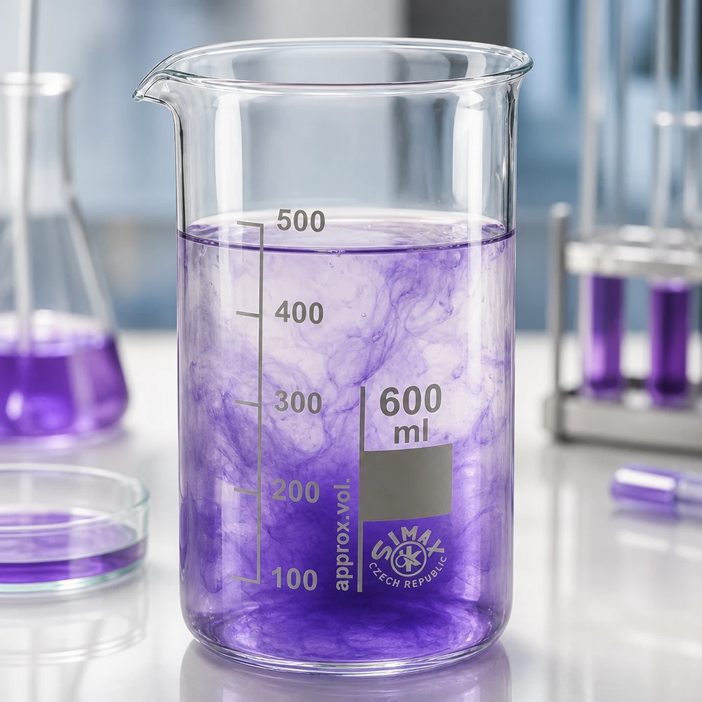 600 ml:n korkea koeputki, borosilikaattilasia, jossa on violettia nestettä ja asteikko laboratoriossa