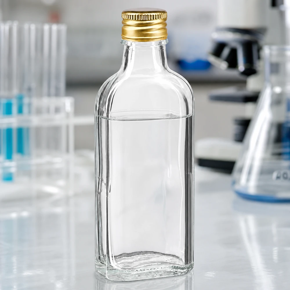 100 ml Meplat kirkas, alumiinikorkki kultainen PP22. Läpinäkyvä 100 ml:n Meplat-pullo, jossa on kultainen alumiininen kierrekorkki PP22, laboratoriokäyttöön