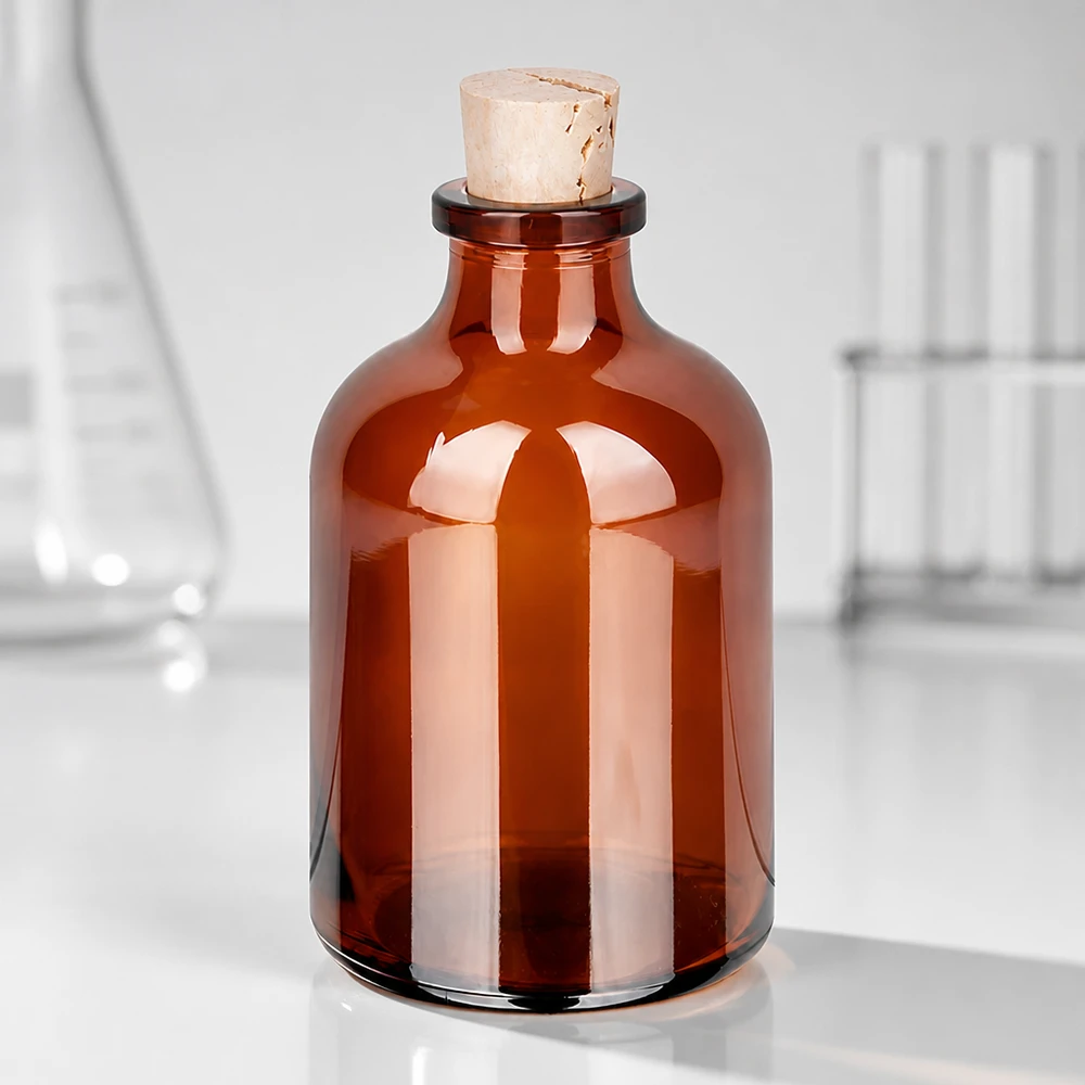Meripihkanvärinen lasipullo 50ml korkilla 11/14mm. Bernsteinfarbene Laborflasche 50ml mit Kork für Proben und Reagenzien