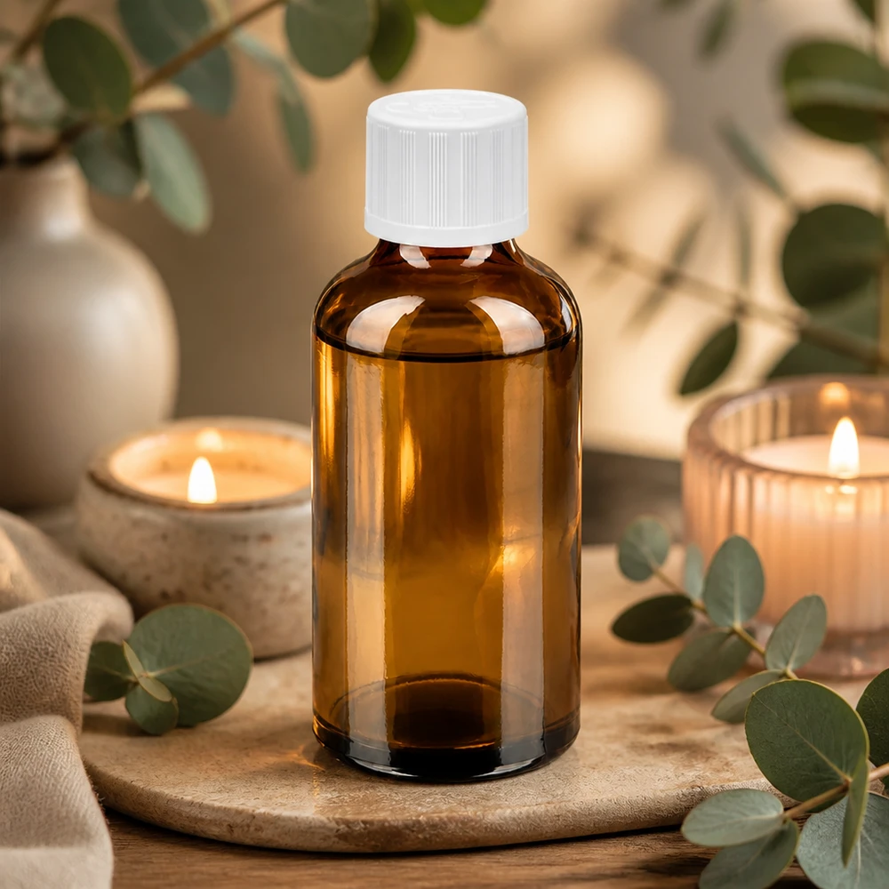 50ml apteekkipullo meripihkalasista, jossa on lapsiturvallinen korkki turvallista säilytystä varten.