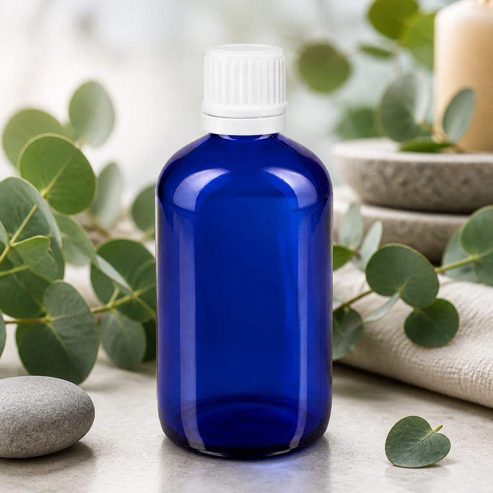 100 ml:n sininen apteekkipullo, jossa on valkoinen tippakorkki, eukalyptusoksien ja spa-kivien keskellä