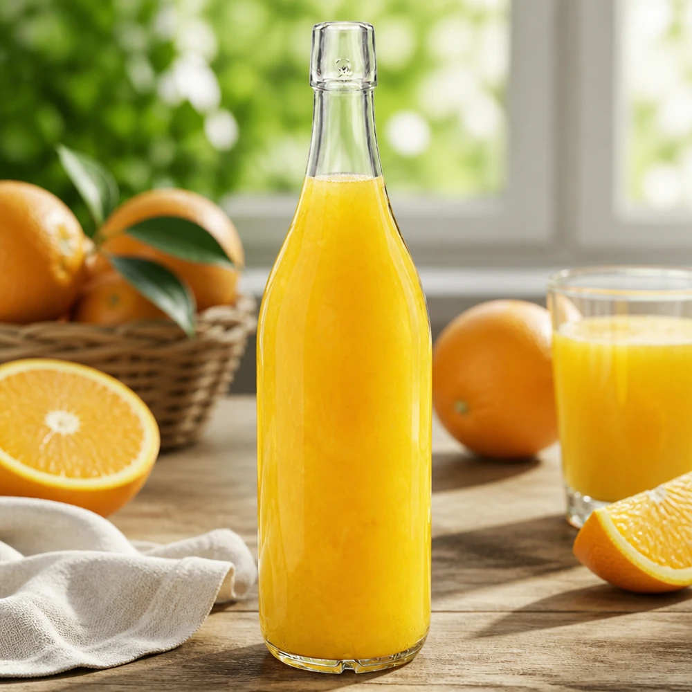 1000 ml:n lasipullo ilman kääntökorkkia UNiTWIST Lasipullo 1000ml UNiTWIST täynnä appelsiinimehua tuoreita appelsiineja keittiön pöytä luonnollinen valo terveellinen