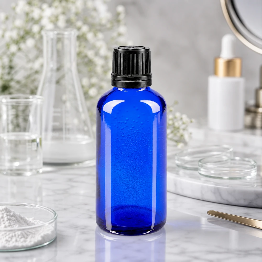 Apteekkipullo sininen 50ml ruuvikorkki musta valurengas peukaloinnin estävä sulkeminen Sininen 50 ml:n apteekkilasipullo, jossa on musta alkuperäinen korkki, tieteellisessä laboratorioympäristössä