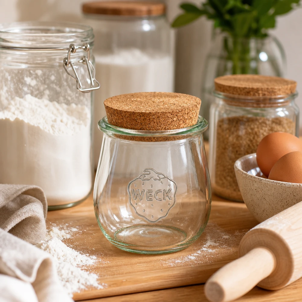 220ml tulppaanipurkki WECK RR60 korkilla luonnonmukainen WECK tulppaanipurkki 220ml RR60 korkkikannella maalaismaisessa keittiössä, jossa on leivonta-aineita, jauhoja ja munia puulautaa vasten