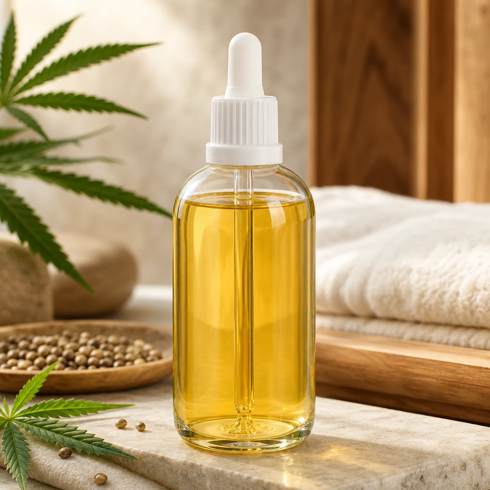 100 ml:n ClearLine-pipettipullo, jossa on valkoinen tiputin ja hamppukasvi, CBD-öljyn käyttöön