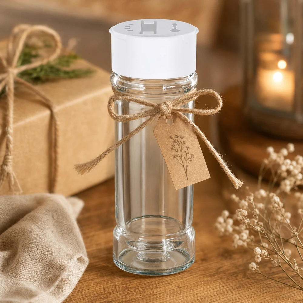 Suola-/maustepurkki 100 ml, valkoinen, kaksoissipinällä 100 ml:n suola- ja pippuripurkki, jossa on valkoinen kaksoissäiliö; rustiikkinen lahja, koristeltu juuttisilmukalla