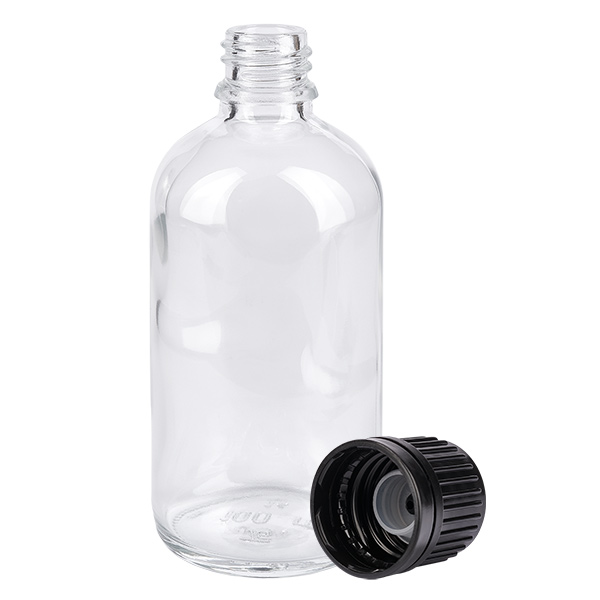 100ml globulipullo 3mm kaaderengas musta vakiosuljin ClearLine UT18/1 ClearLine UT18/1 Läpinäkyvä 100 ml:n globulipullo kirkkaasta lasista, jossa on musta muovikorkki