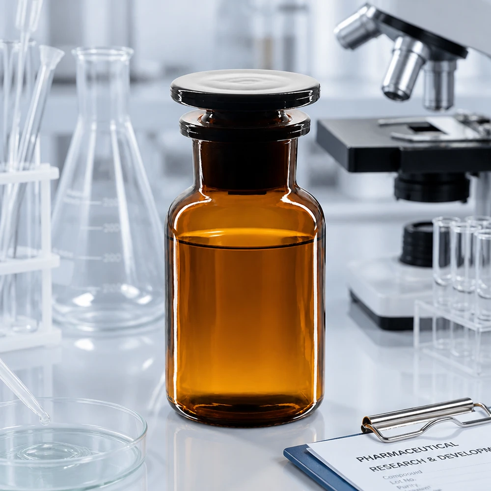 Pyöreä olkapääpullo 100ml ruskea leveäkaulainen lasitulppa 100 ml:n farmaseuttinen ruskealasi-pullo, leveäkaulainen, lasitulpalla, valkoisella laboratoriopöydällä