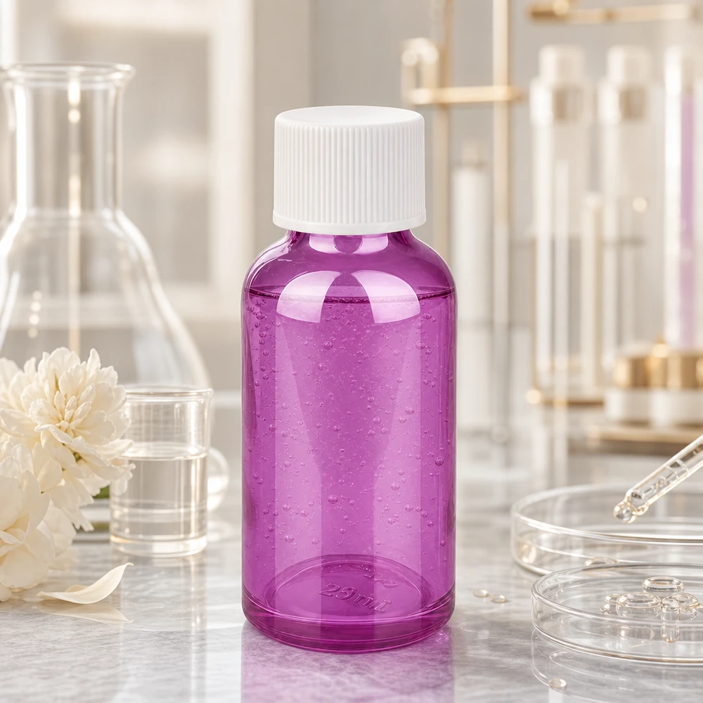 Pieni 30 ml:n laboratoriopullo läpinäkyvää violettia väriä, jossa on valkoinen kierrekorkki näytteitä varten.