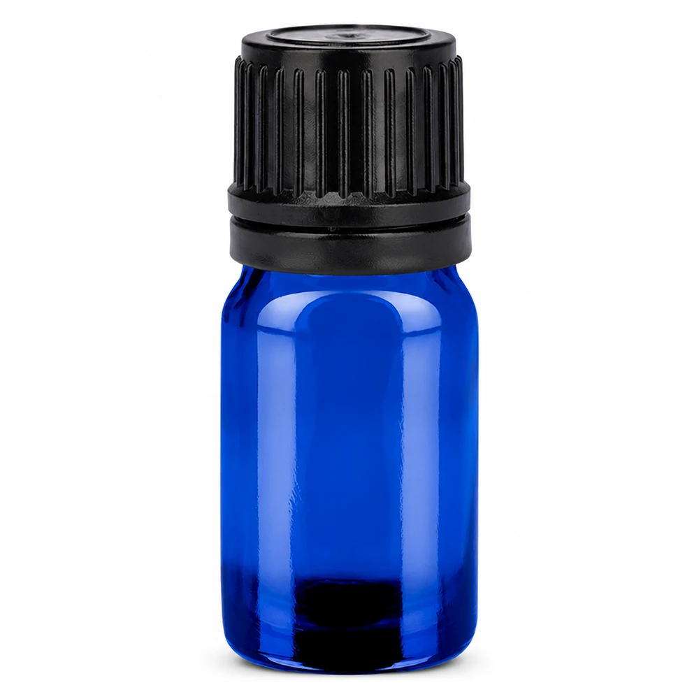 5ml lasipullo sininen mustalla kierrekorkilla eteerisille öljyille ja aromaterapialle.