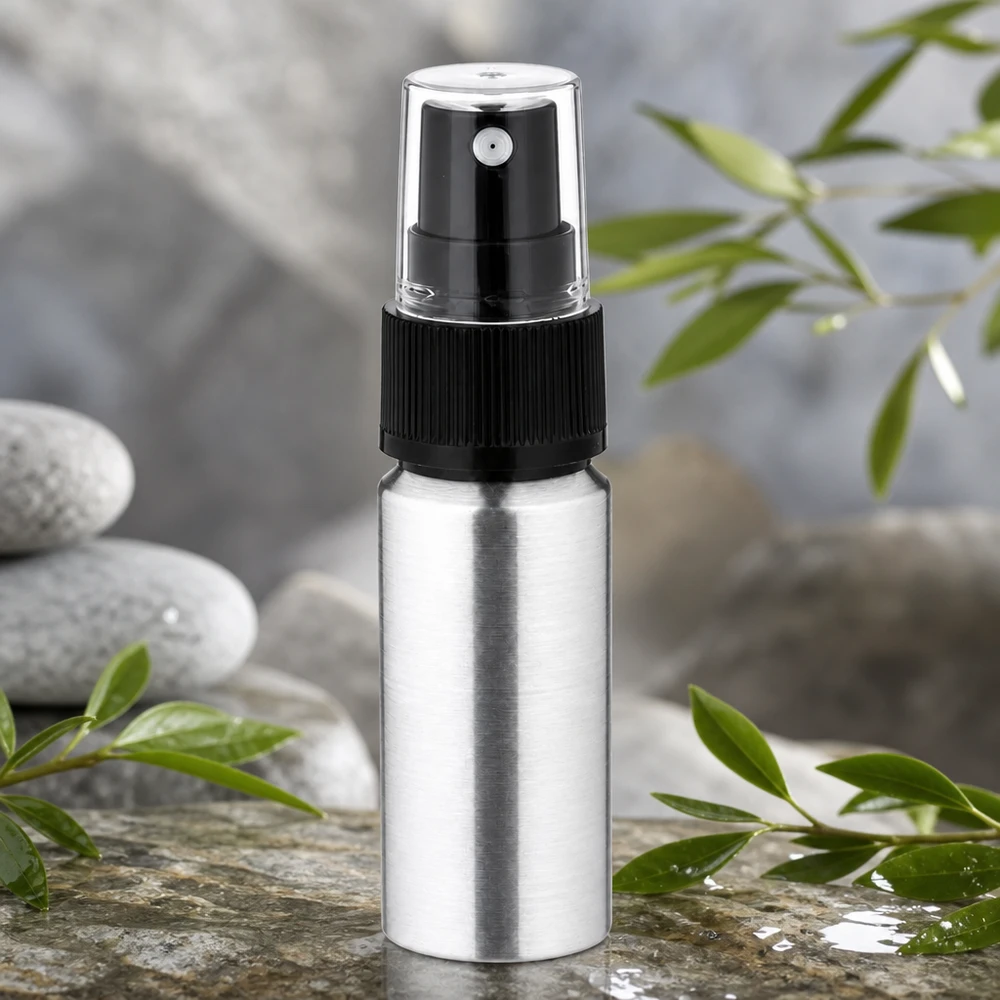 20ml kiillotettu alumiinipullo, jossa on sumutin. Hopeinen 20ml alumiinipullo, jossa on sumutin - ihanteellinen matkoille ja liikkeelle sen kompaktin koon ansiosta.