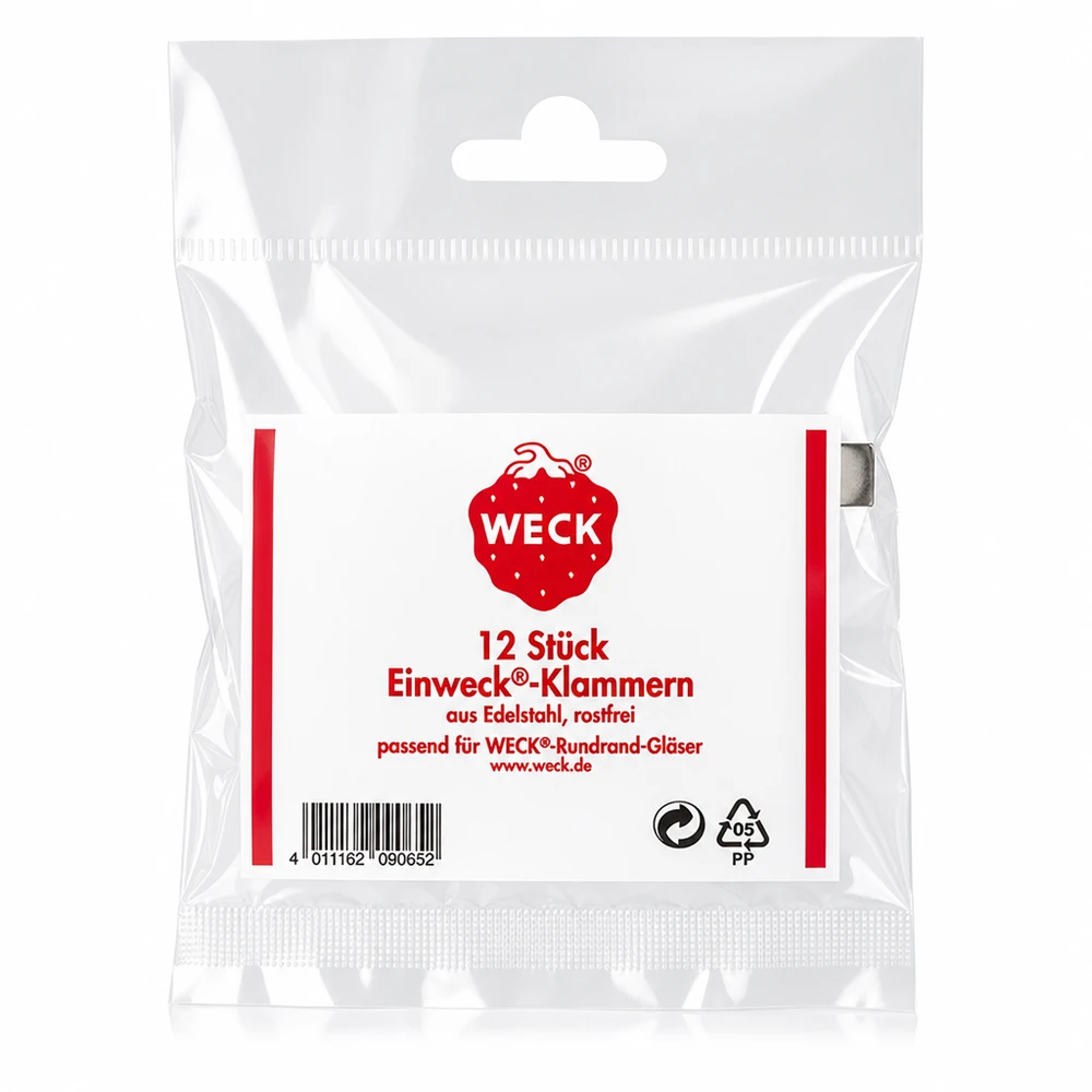 Kiinnittimet Original WECK (Pakkaus(t), jossa 12 kpl) WECK Klammern Verpackungsrückseite mit Produktdetails 12 Stück Edelstahl rostfrei für Rundrand Gläser Original
