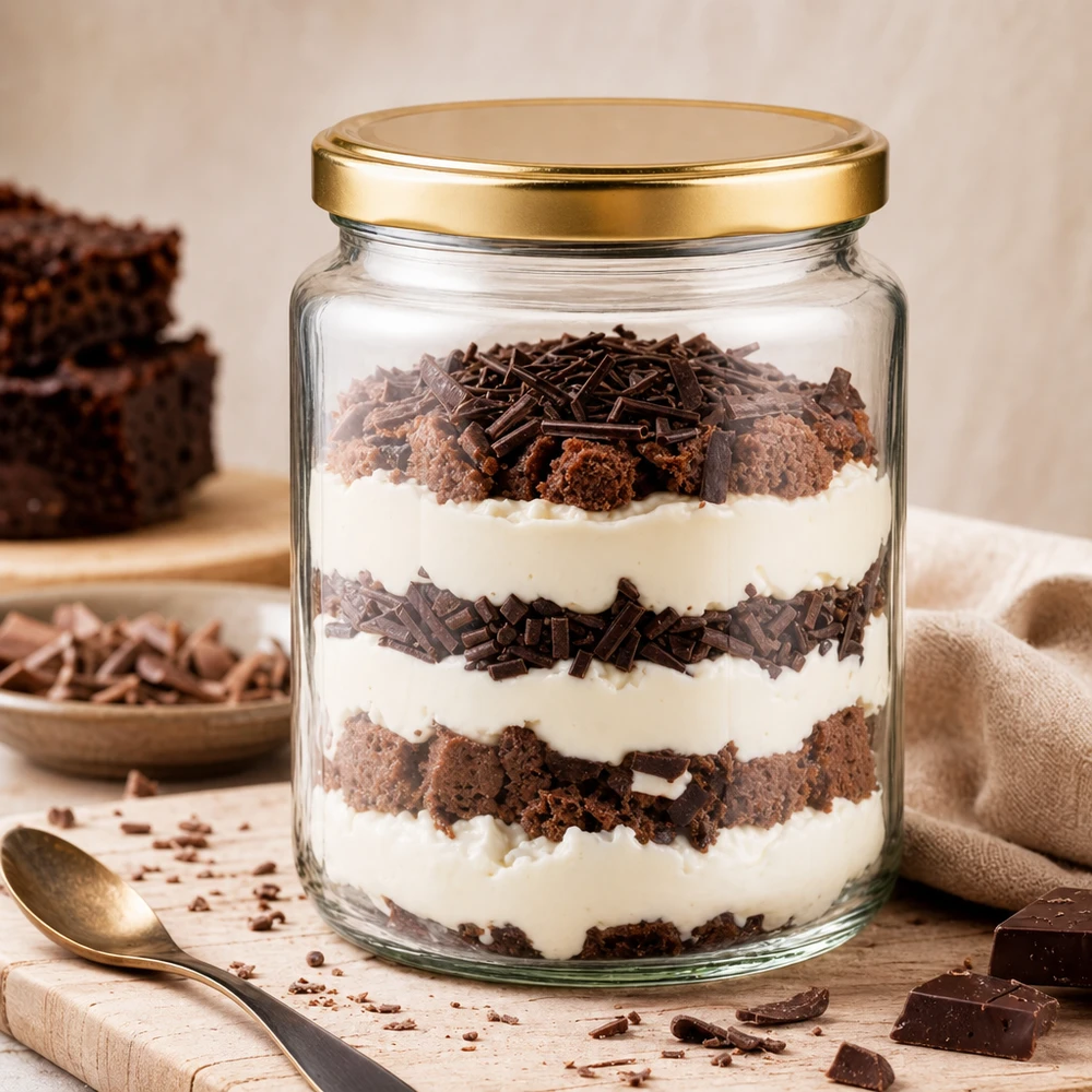 450g Honigglas mit goldenem Deckel BasicSeal UNiTWIST 450g BasicSeal hunajapurkki jälkiruokapurkkina tiramisu-kerrosjälkiruokiin, jossa on kultainen kansi luova käyttö keittiössä.
