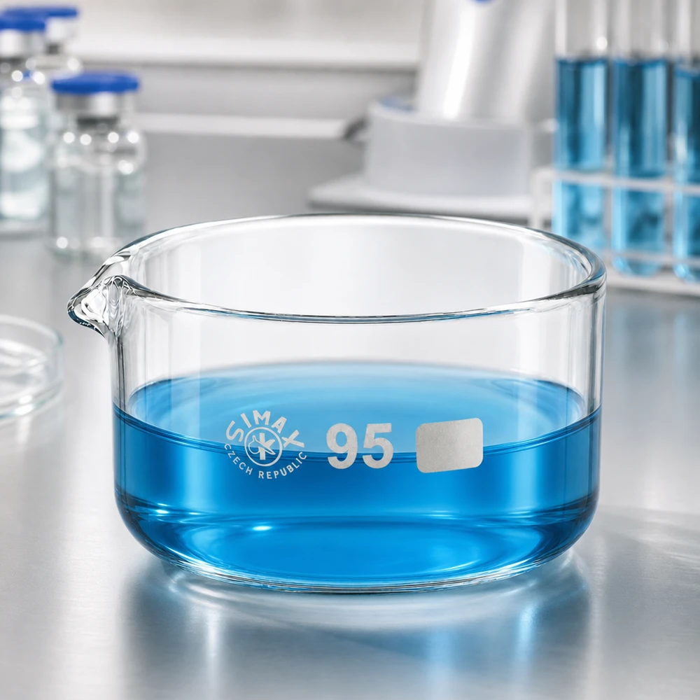 Sininen neste matalassa laboratoriomaljassa, 300 ml, borosilikaattilasia, kaatoaukko ø95 mm, SIMAX